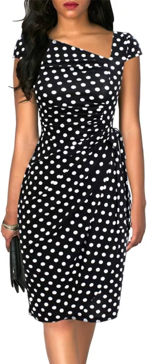 Women's Vintage Cap Sleeves Asymmetrical Neckline Sheath Bodycon Casual Work Cocktail Party Pencil Faux Wrap Dresses
