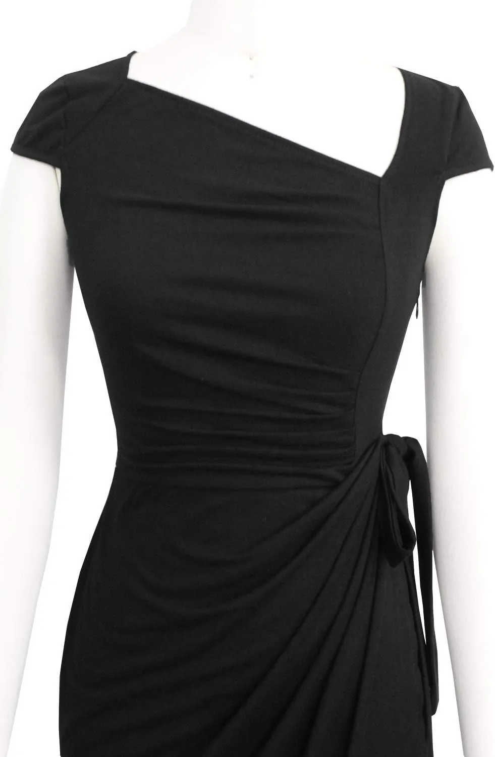 Women's Vintage Cap Sleeves Asymmetrical Neckline Sheath Bodycon Casual Work Cocktail Party Pencil Faux Wrap Dresses