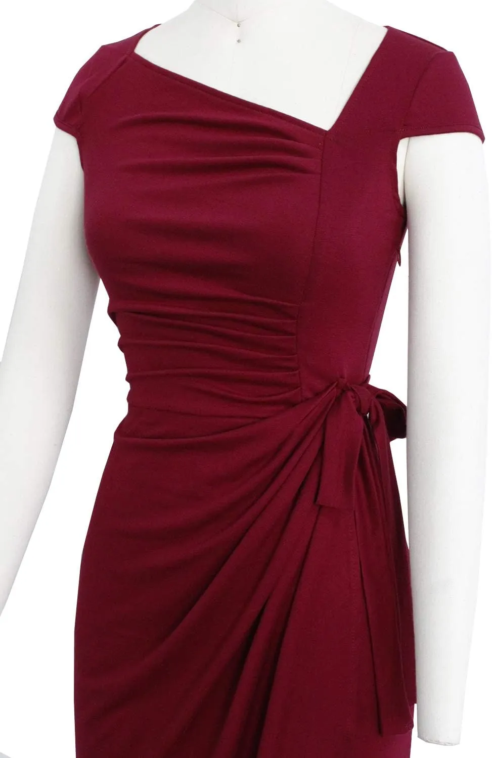 Women's Vintage Cap Sleeves Asymmetrical Neckline Sheath Bodycon Casual Work Cocktail Party Pencil Faux Wrap Dresses