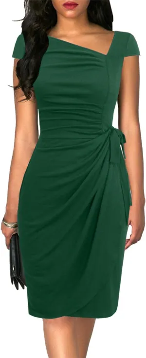 Women's Vintage Cap Sleeves Asymmetrical Neckline Sheath Bodycon Casual Work Cocktail Party Pencil Faux Wrap Dresses