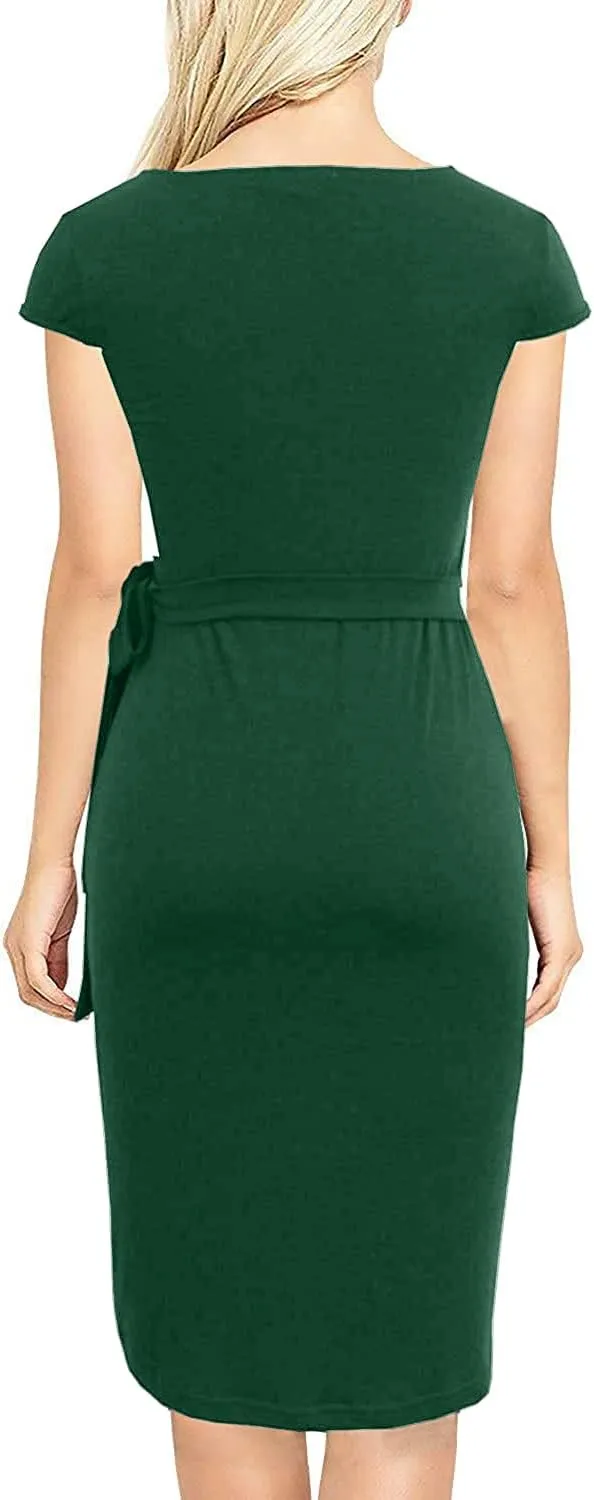 Women's Vintage Cap Sleeves Asymmetrical Neckline Sheath Bodycon Casual Work Cocktail Party Pencil Faux Wrap Dresses