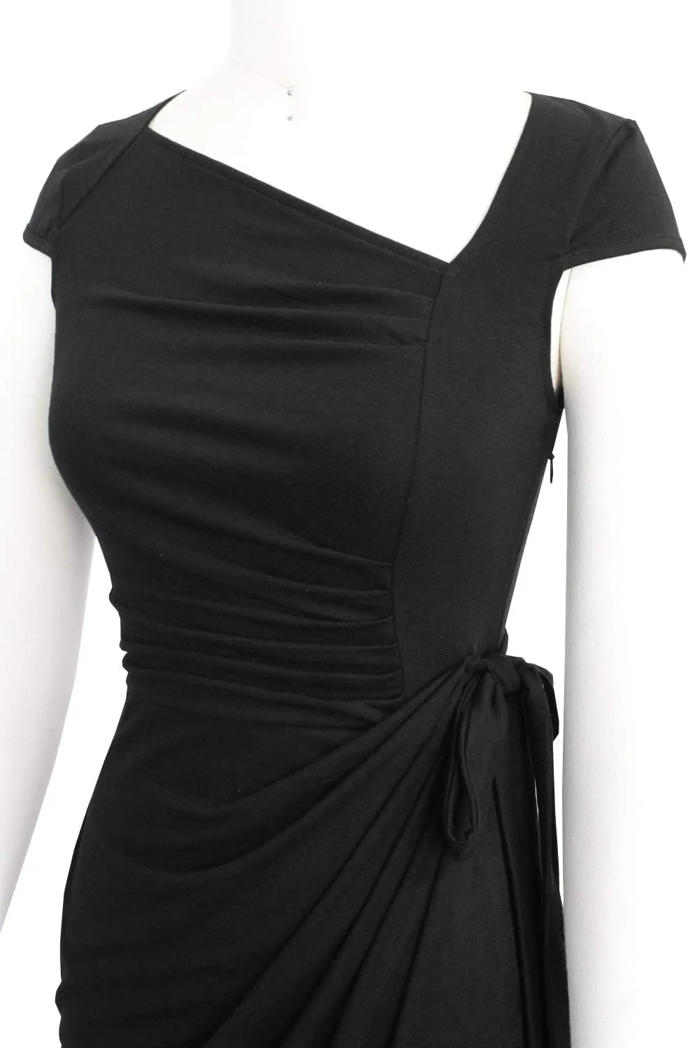 Women's Vintage Cap Sleeves Asymmetrical Neckline Sheath Bodycon Casual Work Cocktail Party Pencil Faux Wrap Dresses