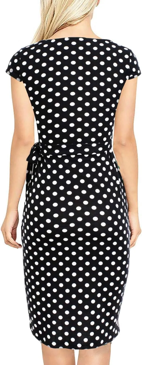 Women's Vintage Cap Sleeves Asymmetrical Neckline Sheath Bodycon Casual Work Cocktail Party Pencil Faux Wrap Dresses