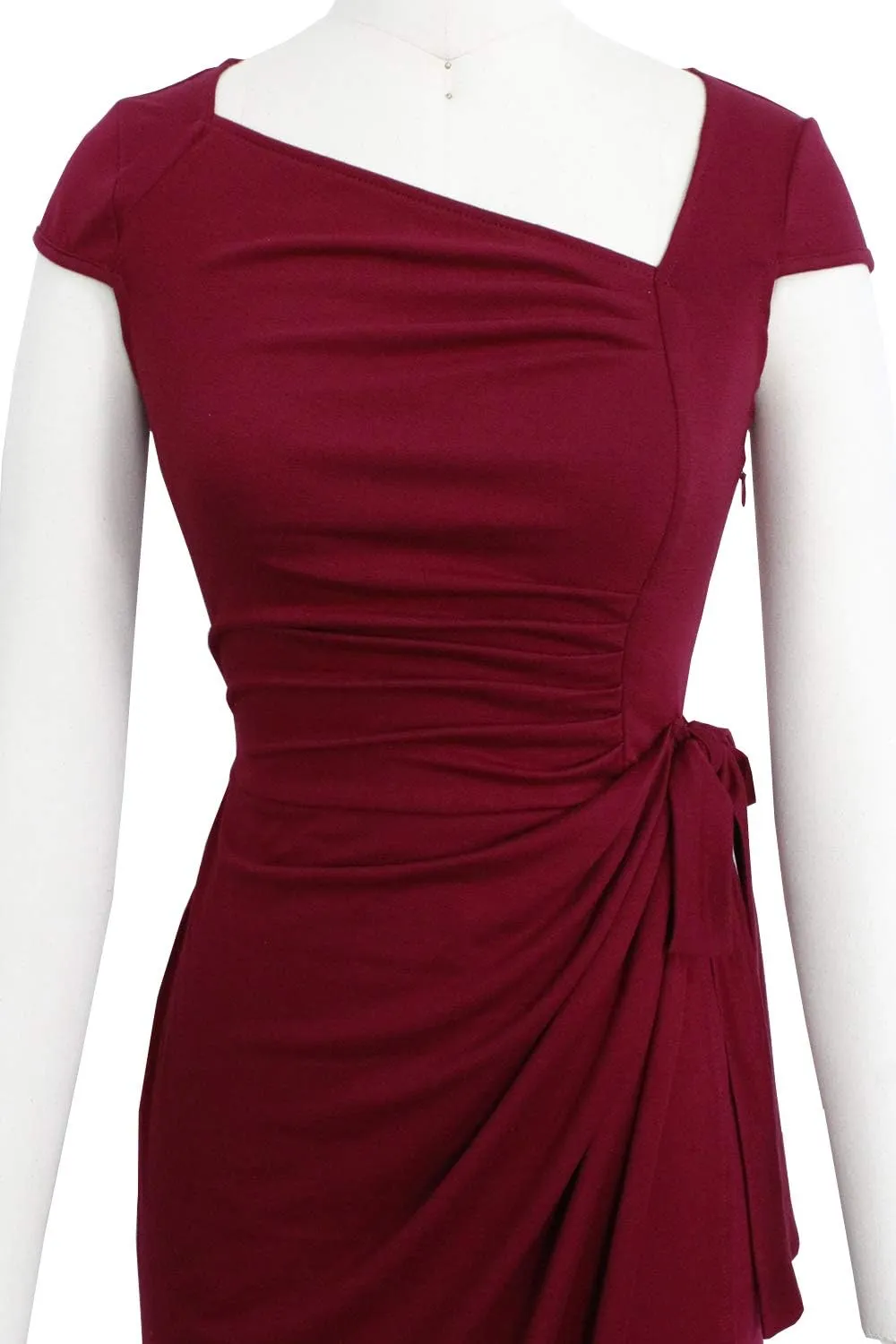 Women's Vintage Cap Sleeves Asymmetrical Neckline Sheath Bodycon Casual Work Cocktail Party Pencil Faux Wrap Dresses