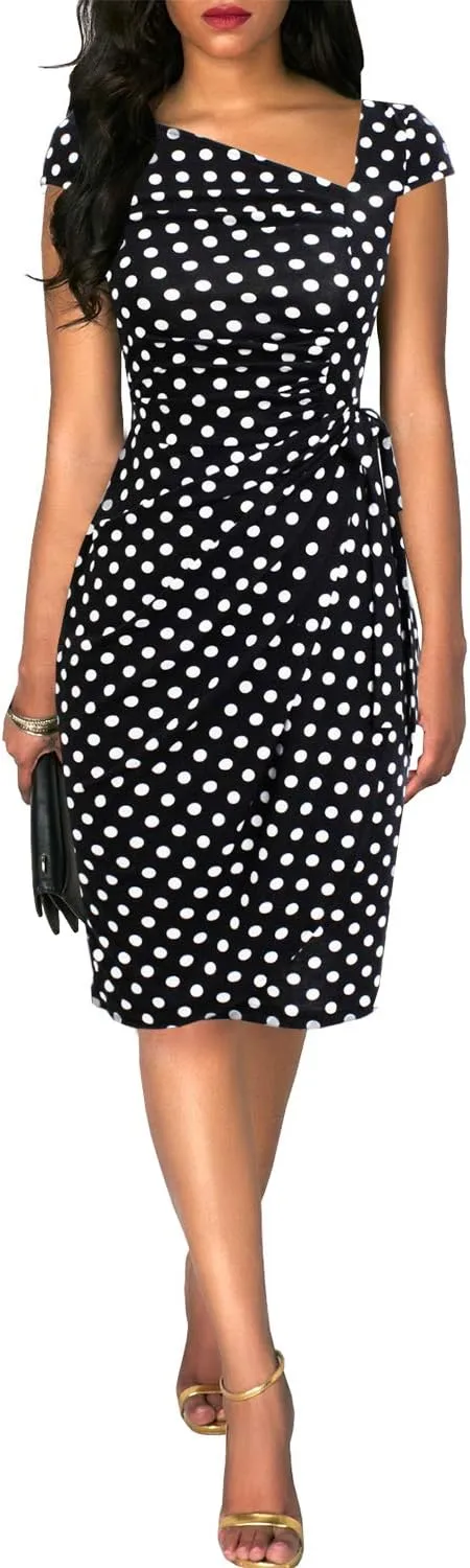 Women's Vintage Cap Sleeves Asymmetrical Neckline Sheath Bodycon Casual Work Cocktail Party Pencil Faux Wrap Dresses