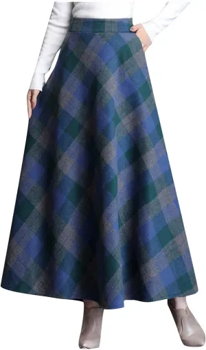 Women's Vintage Skirt High Waist Wool Blend Plaid Skirts A-Line Long Maxi Skirt Elastic Waist Stretchy Swing Skirts