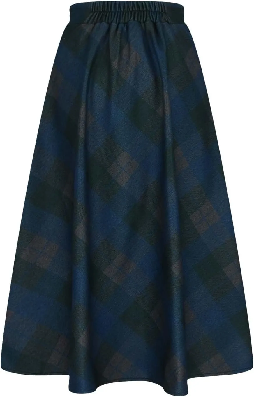 Women's Vintage Skirt High Waist Wool Blend Plaid Skirts A-Line Long Maxi Skirt Elastic Waist Stretchy Swing Skirts