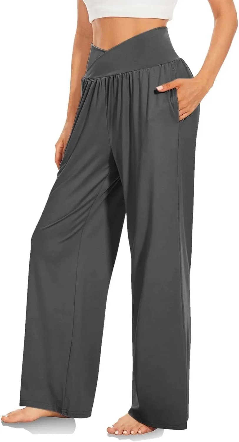 Women's Wide Leg Casual Loose Pants Elastic High Waistband Flowy Straight Leg Pants Comfy Pajama Yoga Trousers with Pockets