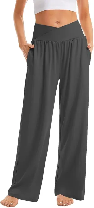 Women's Wide Leg Casual Loose Pants Elastic High Waistband Flowy Straight Leg Pants Comfy Pajama Yoga Trousers with Pockets