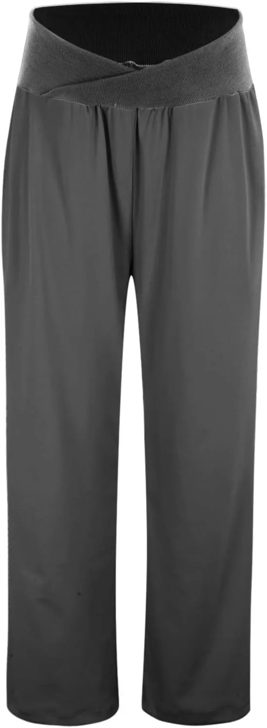 Women's Wide Leg Casual Loose Pants Elastic High Waistband Flowy Straight Leg Pants Comfy Pajama Yoga Trousers with Pockets