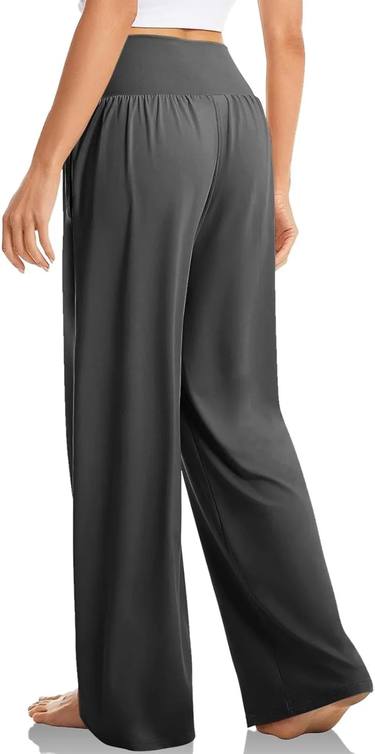 Women's Wide Leg Casual Loose Pants Elastic High Waistband Flowy Straight Leg Pants Comfy Pajama Yoga Trousers with Pockets