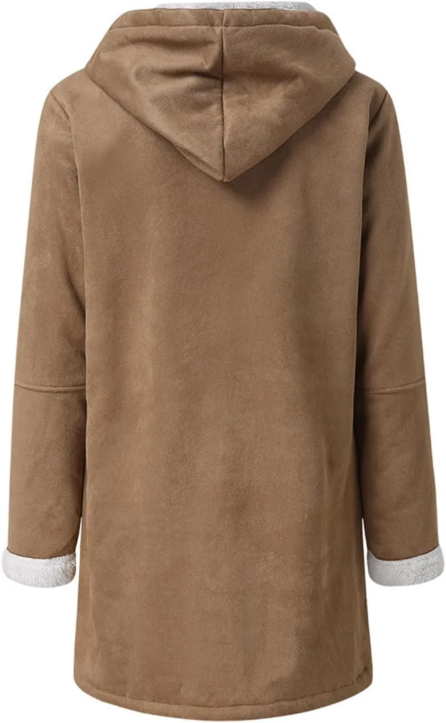 Women's Winter Coats Fleece Lined Jackets Button Down Sherpa Jacket Mid Length Warm Coat with Hood Plus Size Overcoat