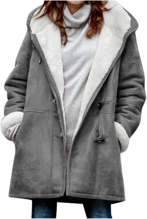 Women's Winter Coats Fleece Lined Jackets Button Down Sherpa Jacket Mid Length Warm Coat with Hood Plus Size Overcoat