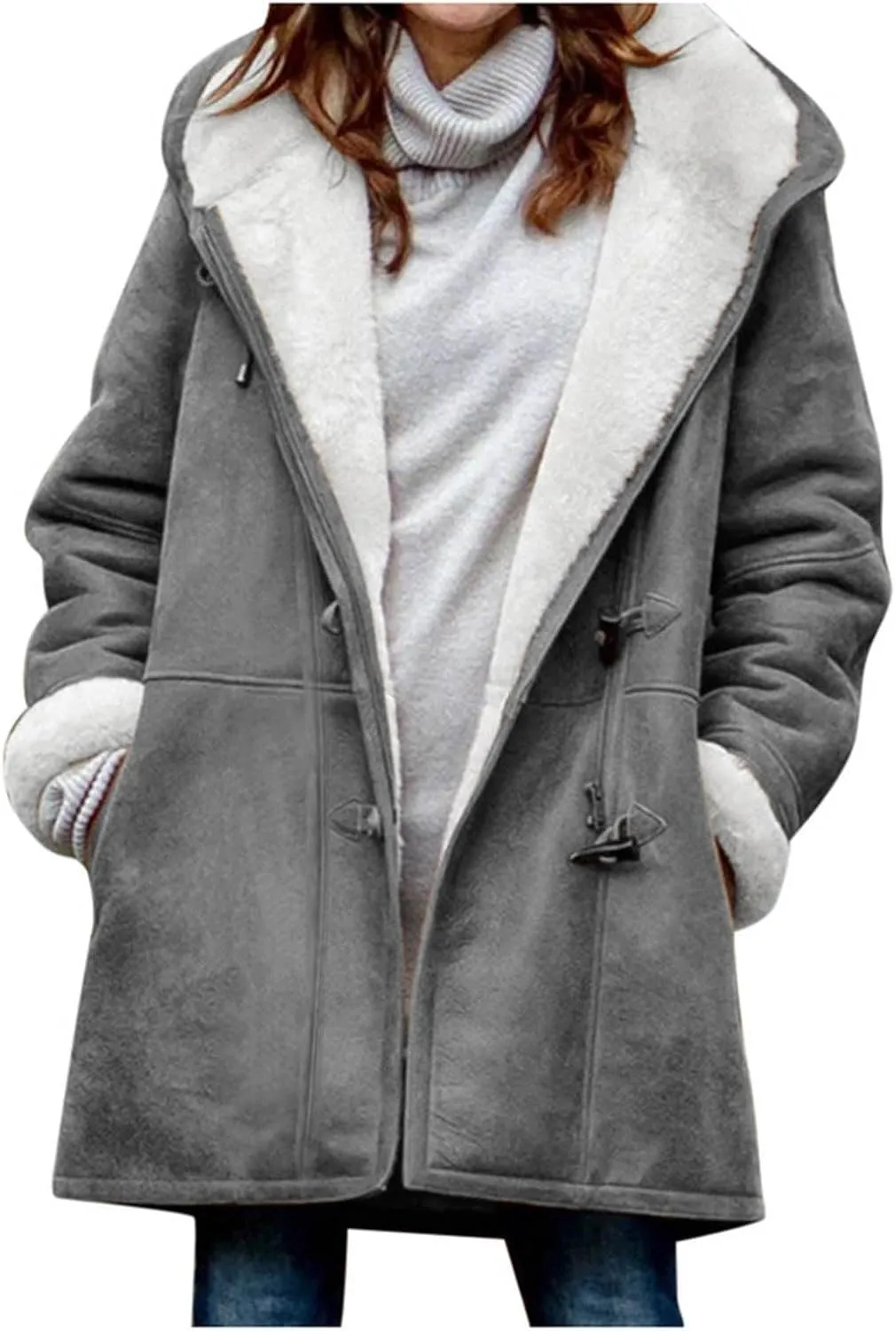 Women's Winter Coats Fleece Lined Jackets Button Down Sherpa Jacket Mid Length Warm Coat with Hood Plus Size Overcoat