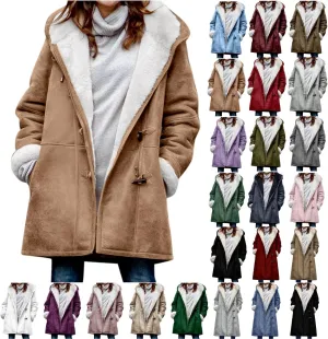 Women's Winter Coats Fleece Lined Jackets Button Down Sherpa Jacket Mid Length Warm Coat with Hood Plus Size Overcoat