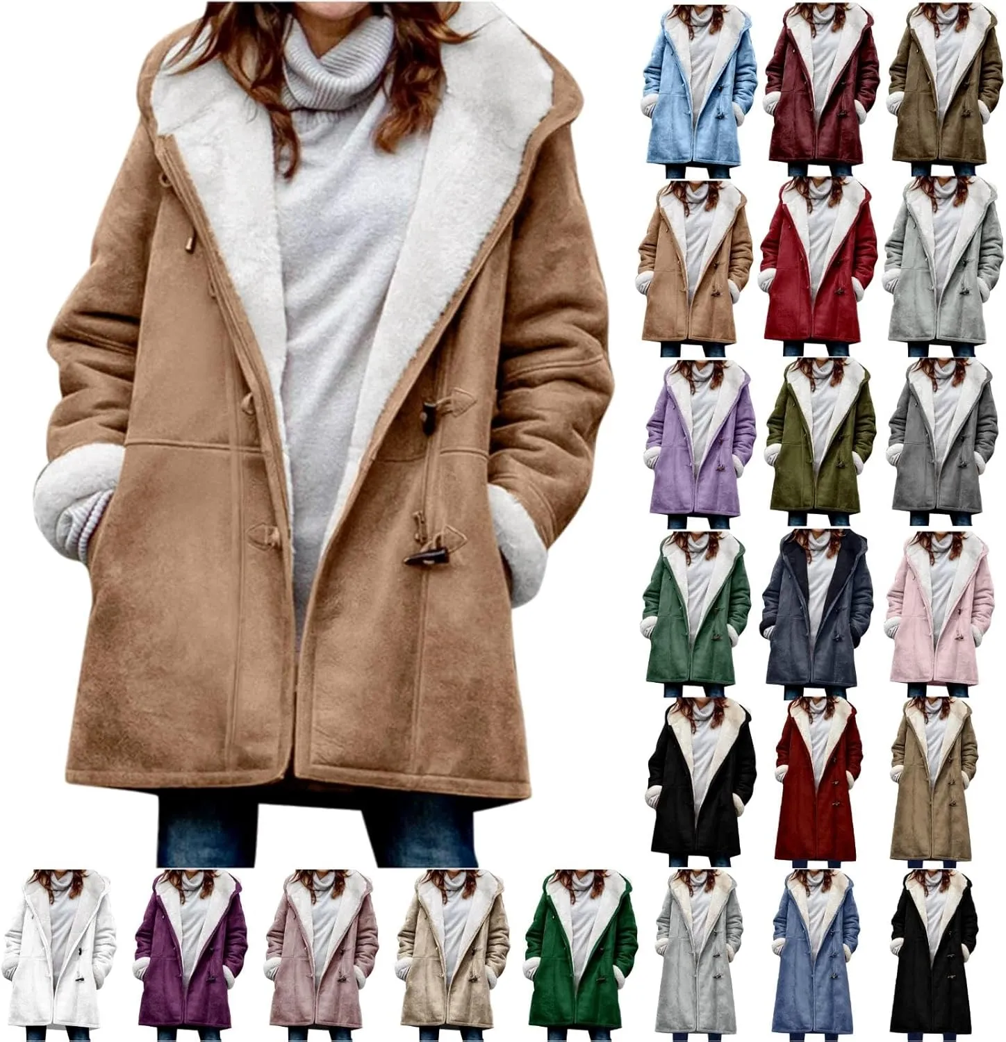 Women's Winter Coats Fleece Lined Jackets Button Down Sherpa Jacket Mid Length Warm Coat with Hood Plus Size Overcoat