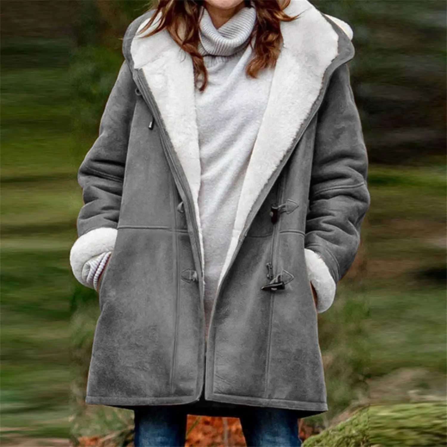 Women's Winter Coats Fleece Lined Jackets Button Down Sherpa Jacket Mid Length Warm Coat with Hood Plus Size Overcoat