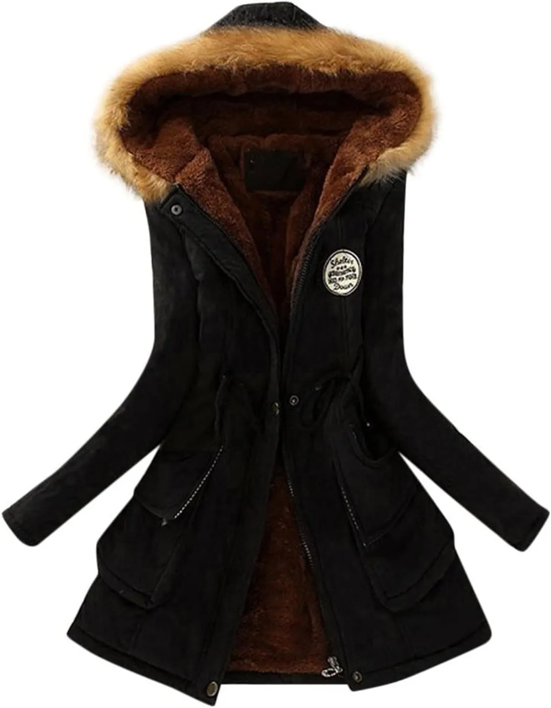 Womens Winter Fashion Warm Slim Fleece Lined Hooded Jackets Thickened Trendy Coats with Faux Fur Hood