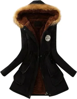 Womens Winter Fashion Warm Slim Fleece Lined Hooded Jackets Thickened Trendy Coats with Faux Fur Hood