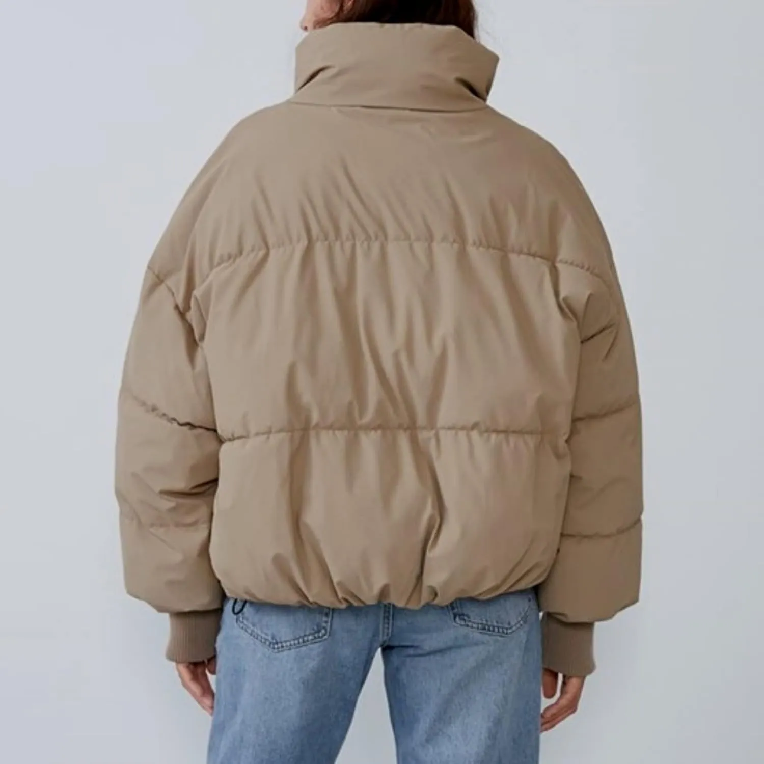 Women's Winter Long Sleeve Stand Collar Zip Puffer Jacket Baggy Short Down Padded Coats
