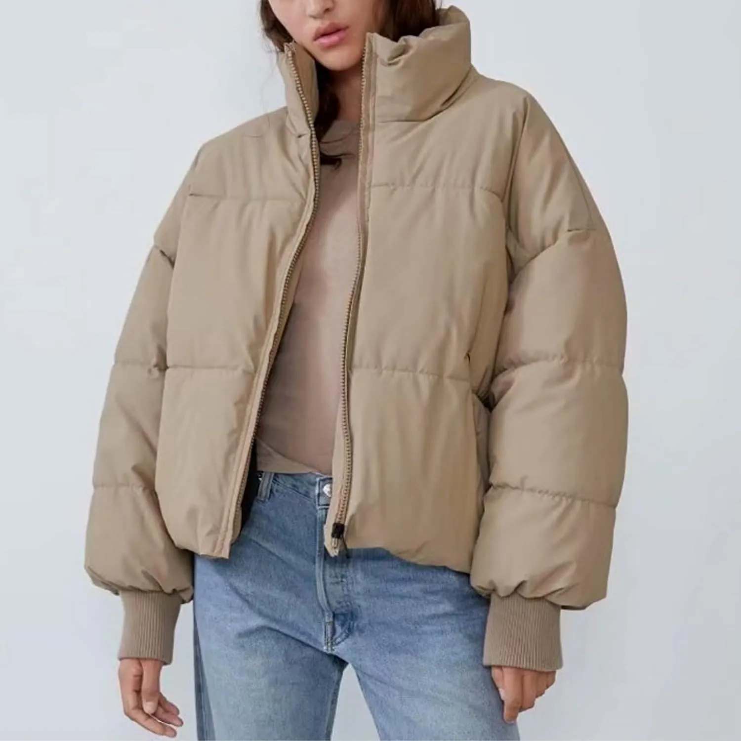 Women's Winter Long Sleeve Stand Collar Zip Puffer Jacket Baggy Short Down Padded Coats