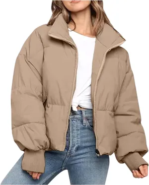 Women's Winter Long Sleeve Stand Collar Zip Puffer Jacket Baggy Short Down Padded Coats