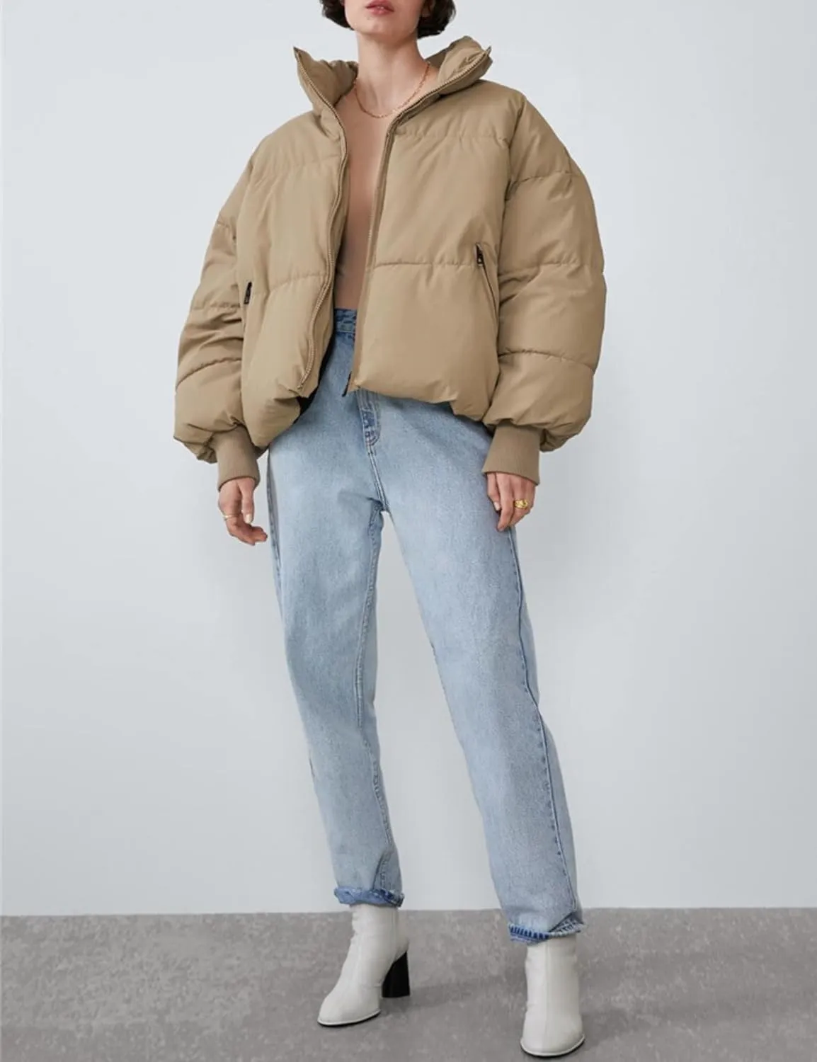 Women's Winter Long Sleeve Stand Collar Zip Puffer Jacket Baggy Short Down Padded Coats