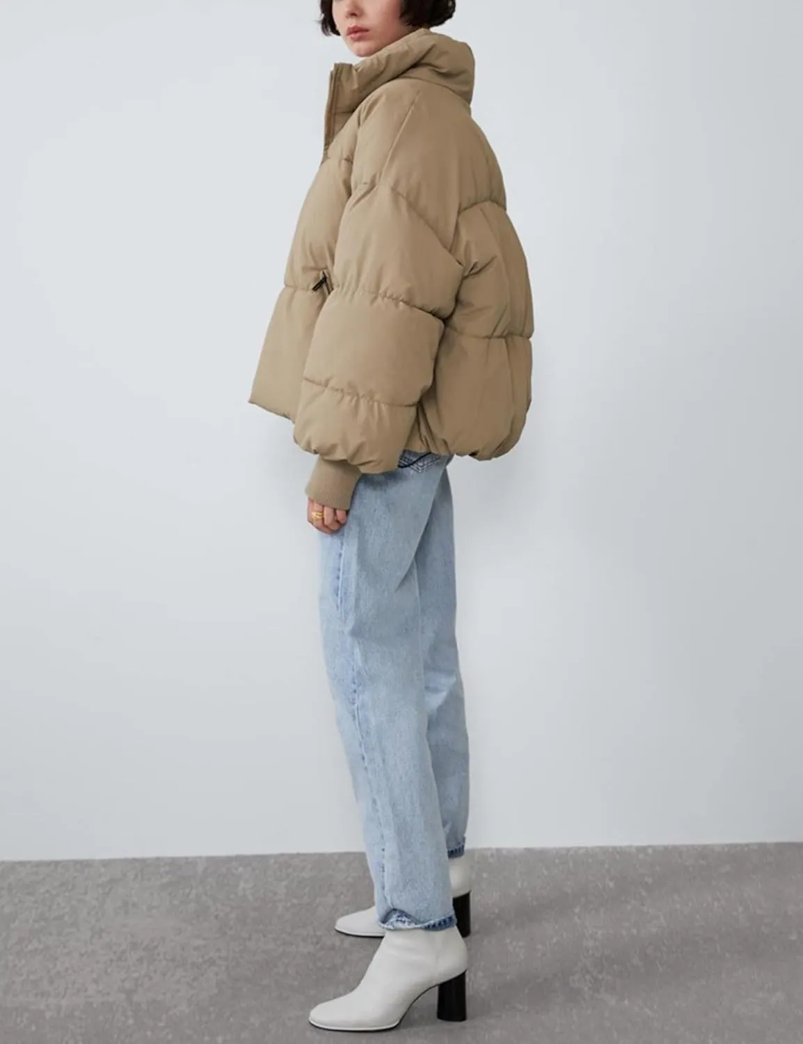 Women's Winter Long Sleeve Stand Collar Zip Puffer Jacket Baggy Short Down Padded Coats