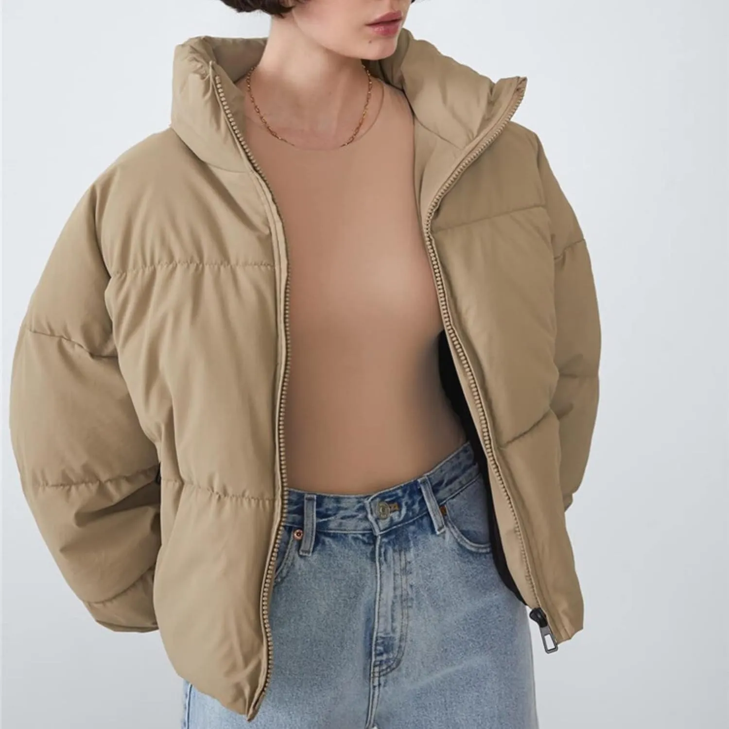 Women's Winter Long Sleeve Stand Collar Zip Puffer Jacket Baggy Short Down Padded Coats