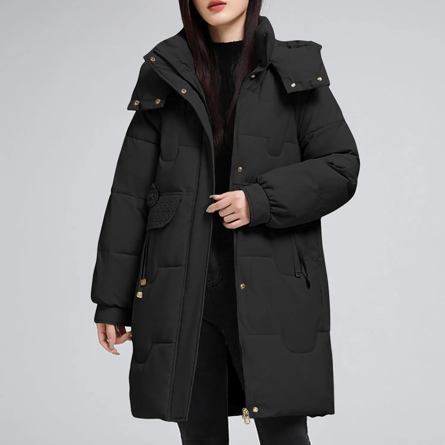 Women's Winter New Puffer Coat Casual Solid Midi Zipper Down Jackets Lightweight Long Quilted Outerwear with Pocket