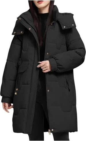 Women's Winter New Puffer Coat Casual Solid Midi Zipper Down Jackets Lightweight Long Quilted Outerwear with Pocket