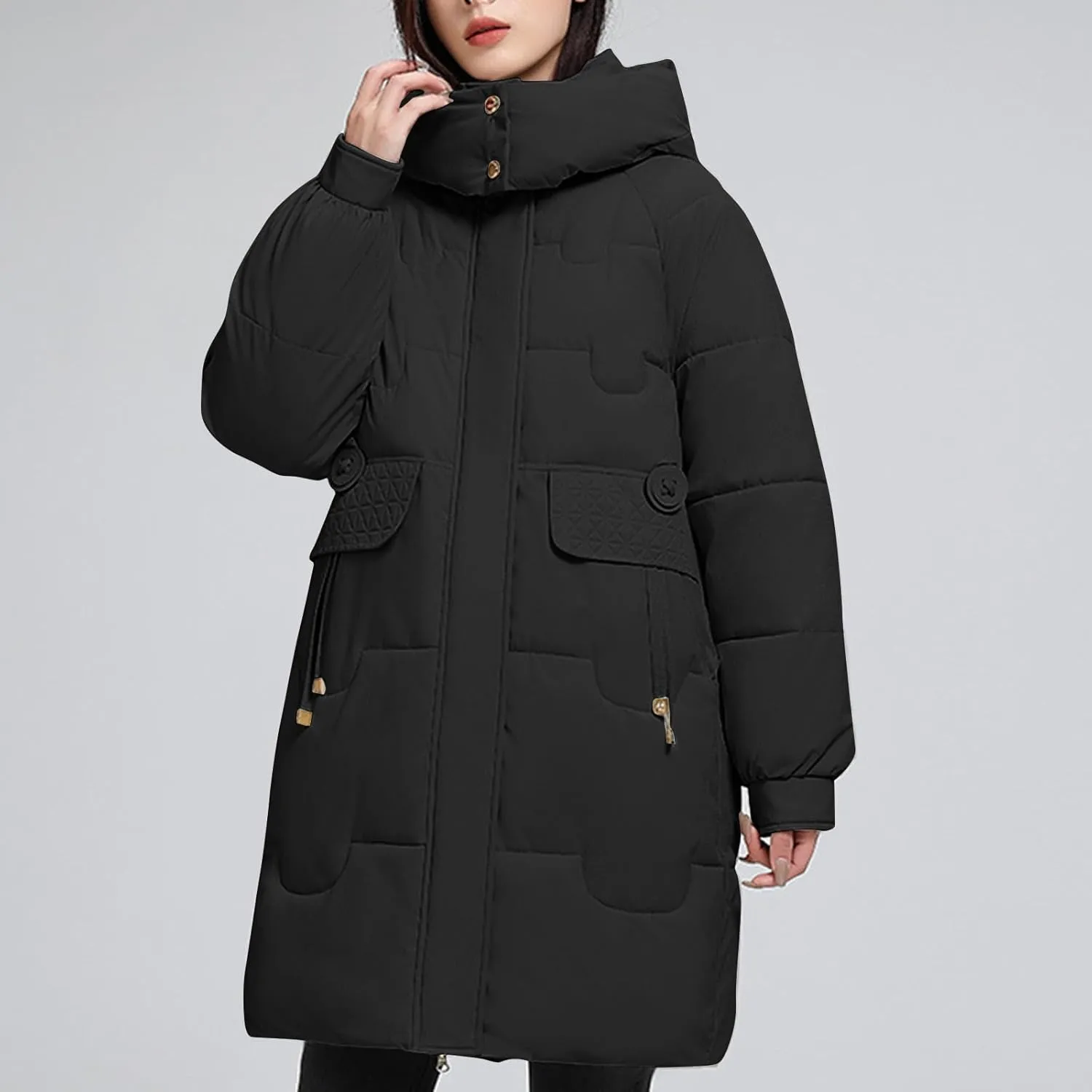 Women's Winter New Puffer Coat Casual Solid Midi Zipper Down Jackets Lightweight Long Quilted Outerwear with Pocket