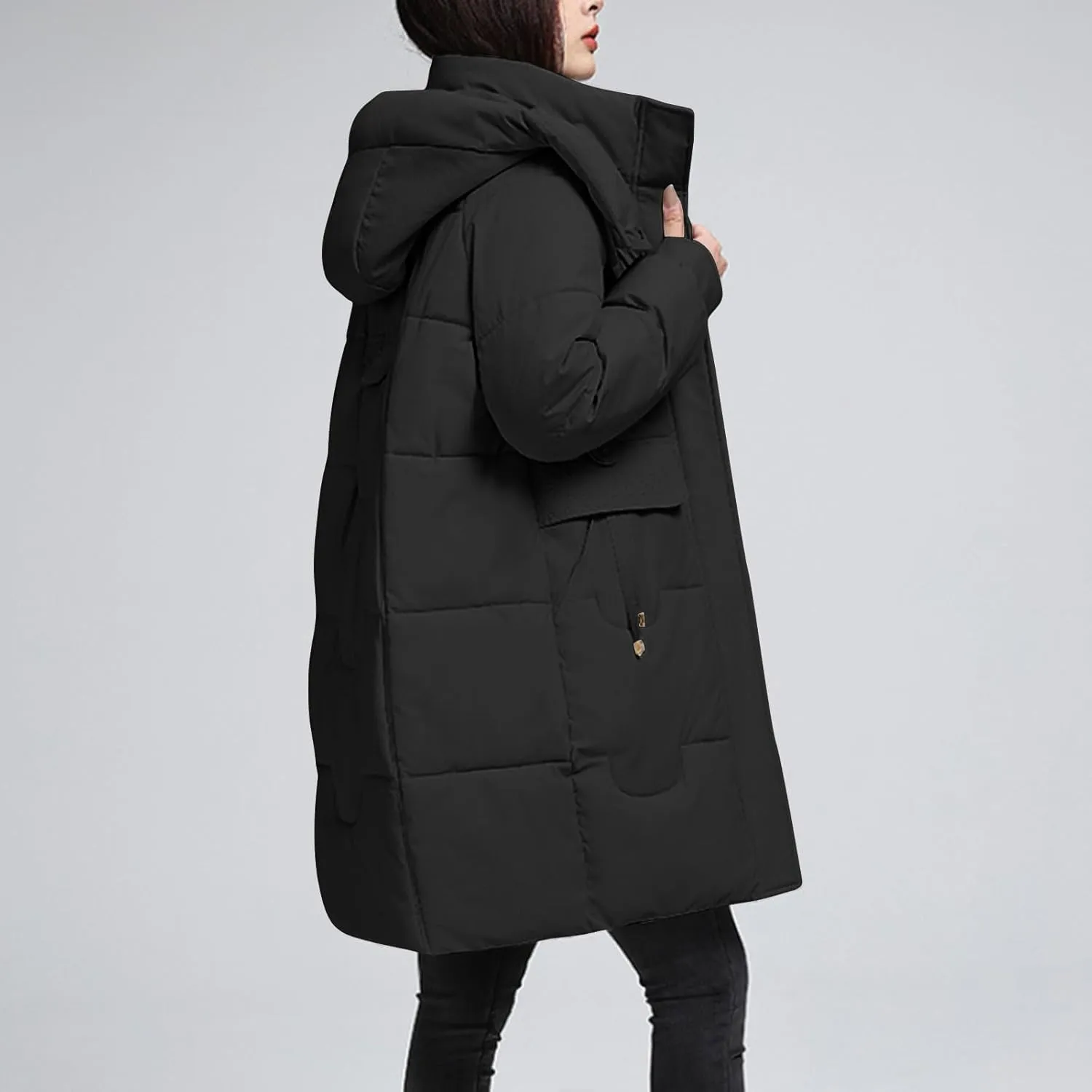 Women's Winter New Puffer Coat Casual Solid Midi Zipper Down Jackets Lightweight Long Quilted Outerwear with Pocket