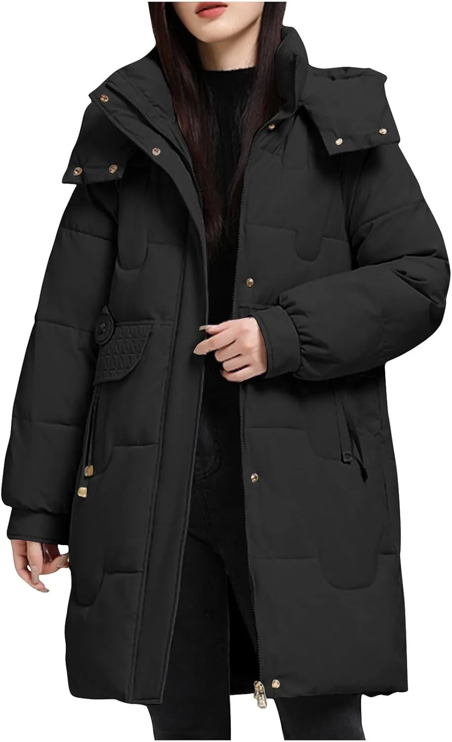 Women's Winter New Puffer Coat Casual Solid Midi Zipper Down Jackets Lightweight Long Quilted Outerwear with Pocket