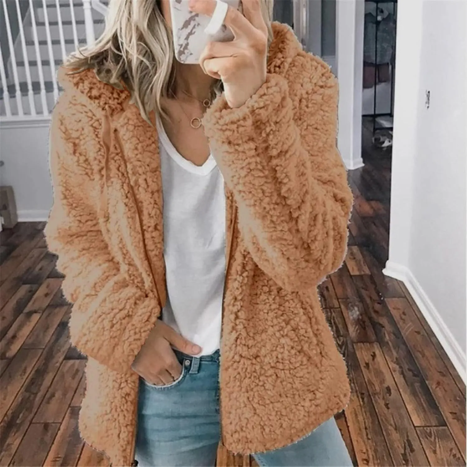Women's Winter Sherpa Jacket Full Zip Plush Warm Hoodies Soft Fluffy Fleece Coat Solid Fuzzy Hooded Jackets
