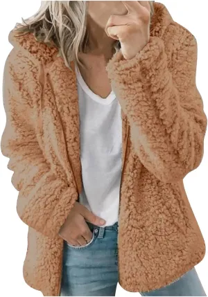 Women's Winter Sherpa Jacket Full Zip Plush Warm Hoodies Soft Fluffy Fleece Coat Solid Fuzzy Hooded Jackets