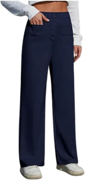 Women's Work Pants Casual Loose Fit High Waist Pants Office Buttons Straight Wide Leg Business Solid Color Trousers