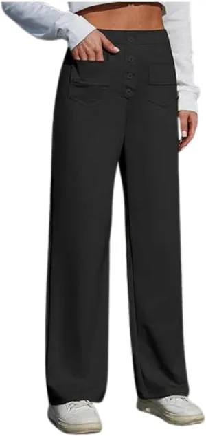 Women's Work Pants Casual Loose Fit High Waist Pants Office Buttons Straight Wide Leg Business Solid Color Trousers