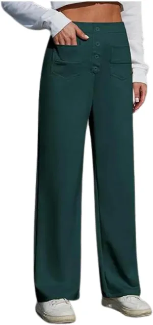 Women's Work Pants Casual Loose Fit High Waist Pants Office Buttons Straight Wide Leg Business Solid Color Trousers