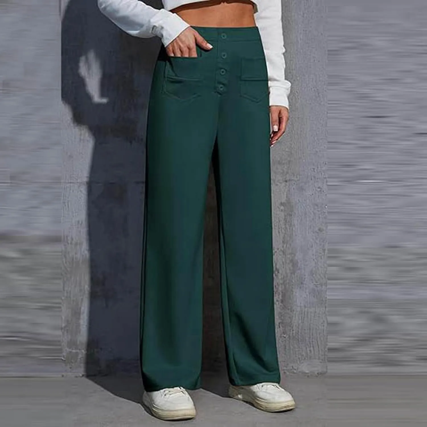 Women's Work Pants Casual Loose Fit High Waist Pants Office Buttons Straight Wide Leg Business Solid Color Trousers