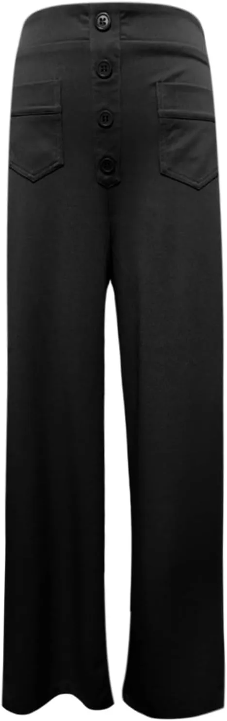 Women's Work Pants Casual Loose Fit High Waist Pants Office Buttons Straight Wide Leg Business Solid Color Trousers