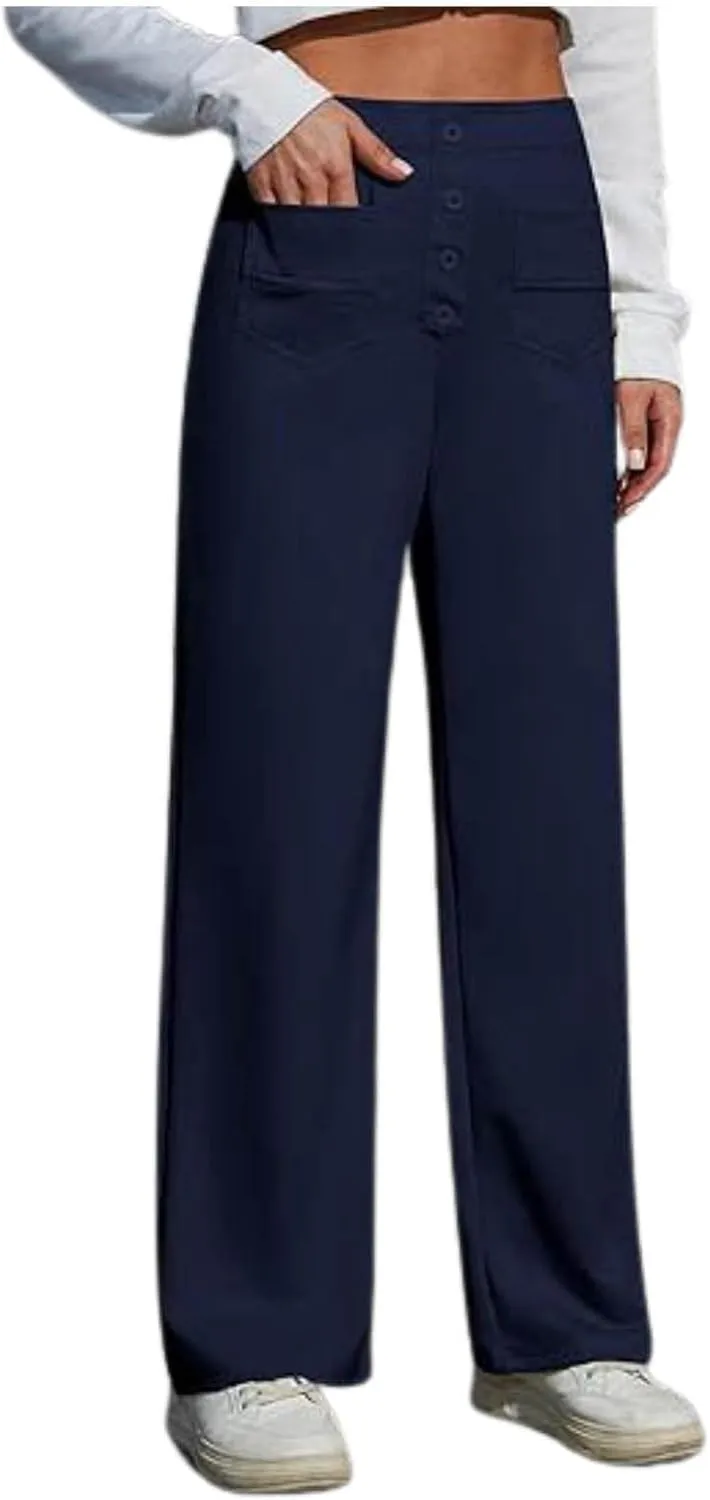Women's Work Pants Casual Loose Fit High Waist Pants Office Buttons Straight Wide Leg Business Solid Color Trousers