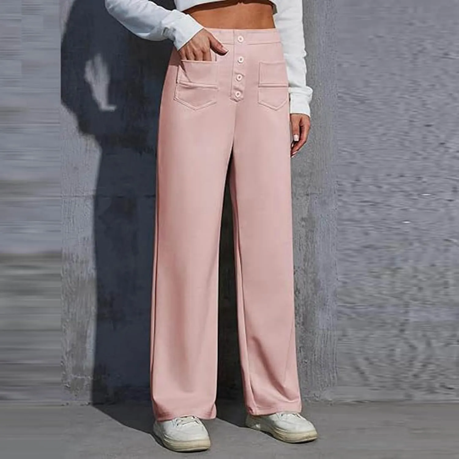 Women's Work Pants Casual Loose Fit High Waist Pants Office Buttons Straight Wide Leg Business Solid Color Trousers