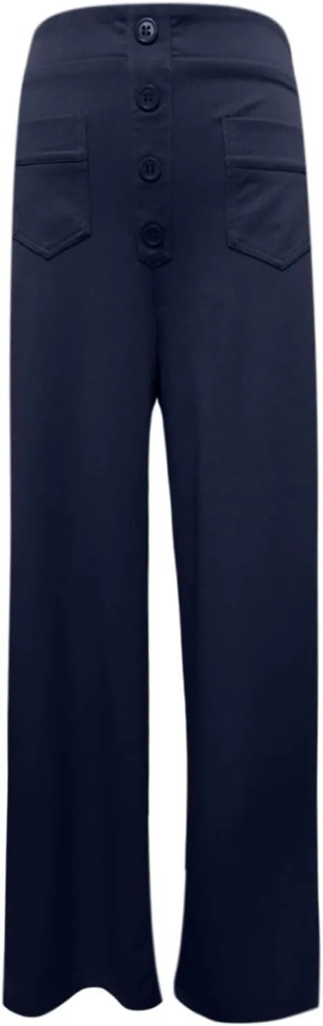 Women's Work Pants Casual Loose Fit High Waist Pants Office Buttons Straight Wide Leg Business Solid Color Trousers