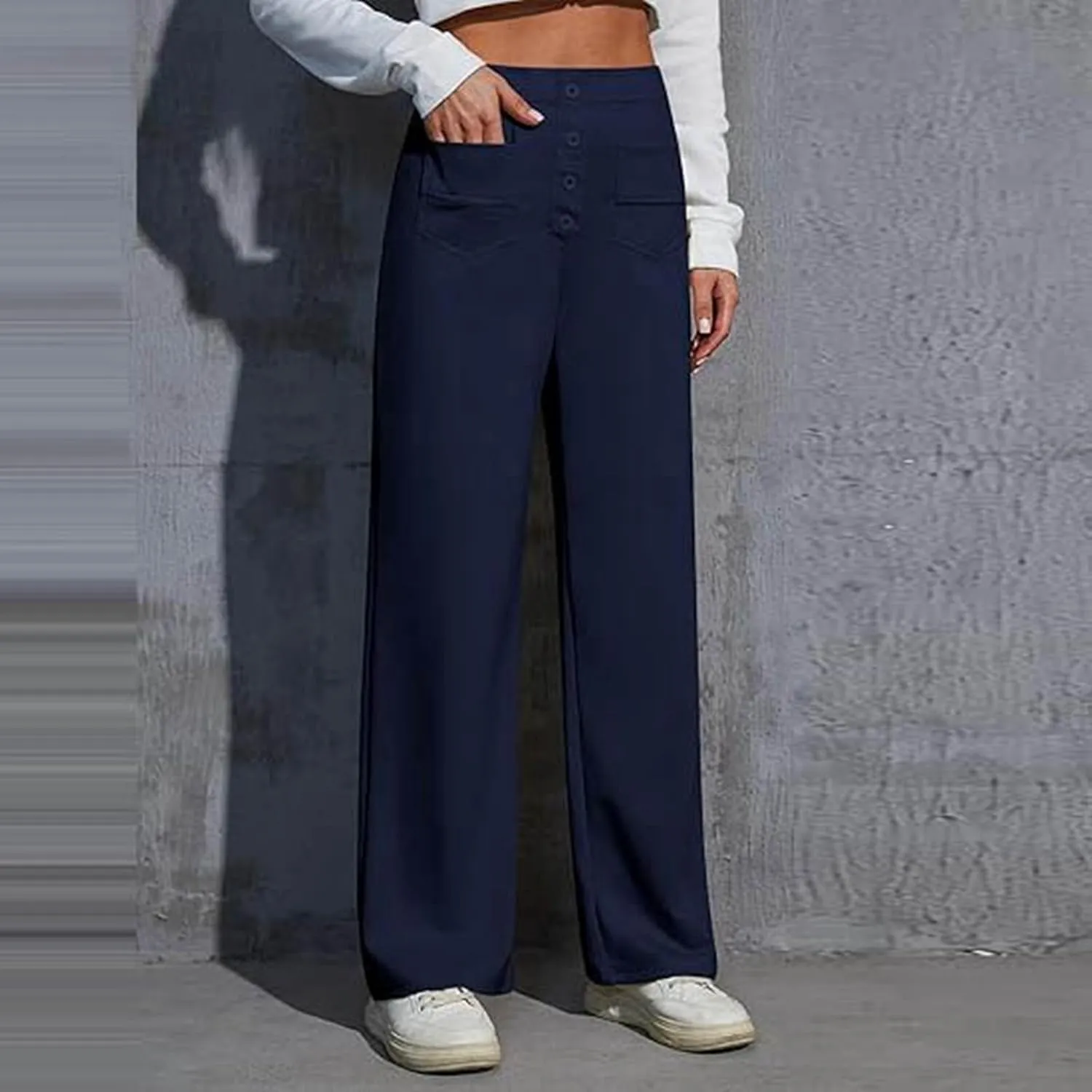 Women's Work Pants Casual Loose Fit High Waist Pants Office Buttons Straight Wide Leg Business Solid Color Trousers