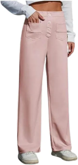 Women's Work Pants Casual Loose Fit High Waist Pants Office Buttons Straight Wide Leg Business Solid Color Trousers