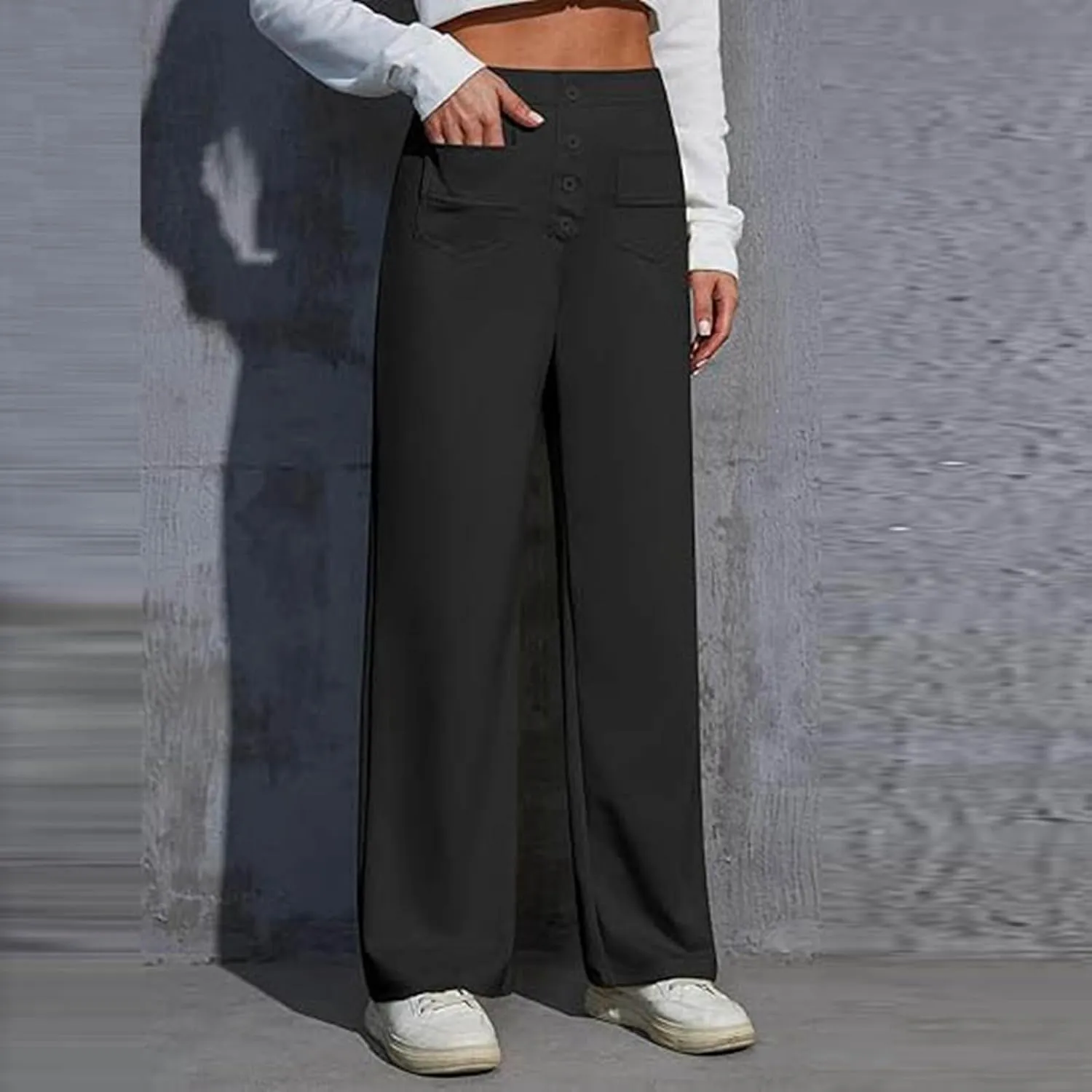 Women's Work Pants Casual Loose Fit High Waist Pants Office Buttons Straight Wide Leg Business Solid Color Trousers