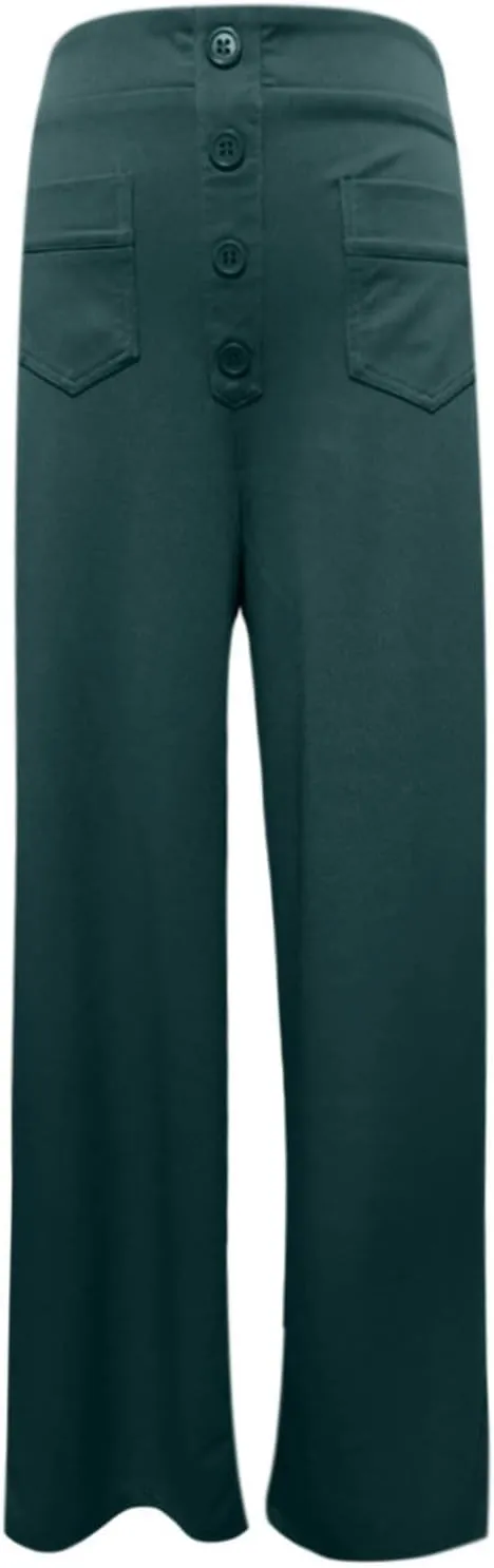 Women's Work Pants Casual Loose Fit High Waist Pants Office Buttons Straight Wide Leg Business Solid Color Trousers
