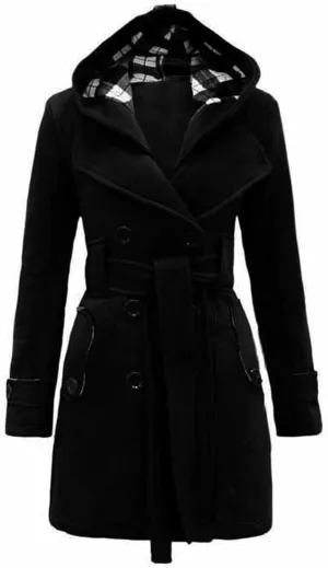 Wool Blend Trench Coats Women Double Breasted Overcoat Casual 2023 Autumn Winter with Hood with Belt Peacoat Trendy