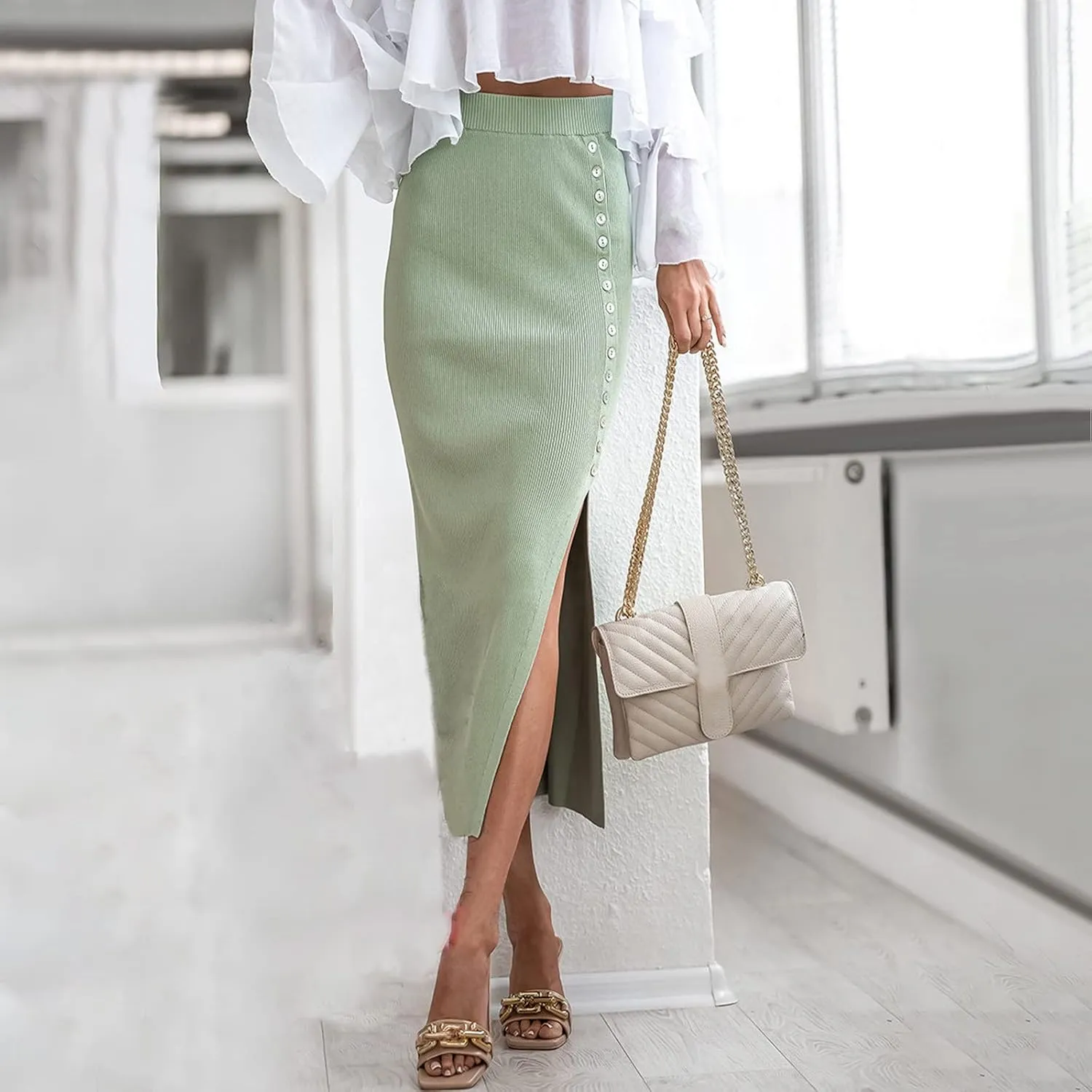 Work Skirts for Women Office High Waisted Wrap Skirt Side Slit Button Decor Elegant Sexy Midi Skirt for Business